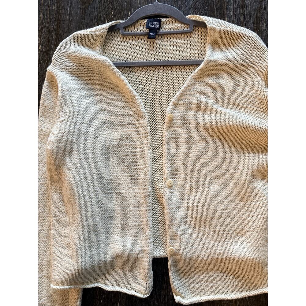 Eileen Fisher Cardigan Beige Quiet luxury Classic Minimalist Decorative Buttons